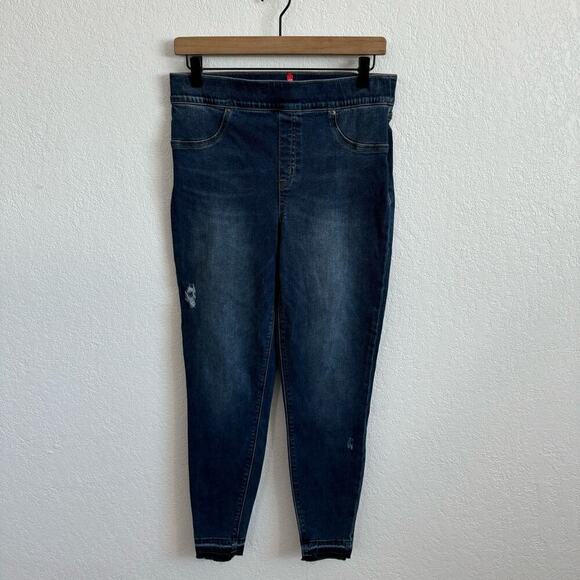 Spanx High-Rise Distressed Ankle Skinny Pull-On Denim Jeans Medium Wash Blue L - Picture 9 of 16